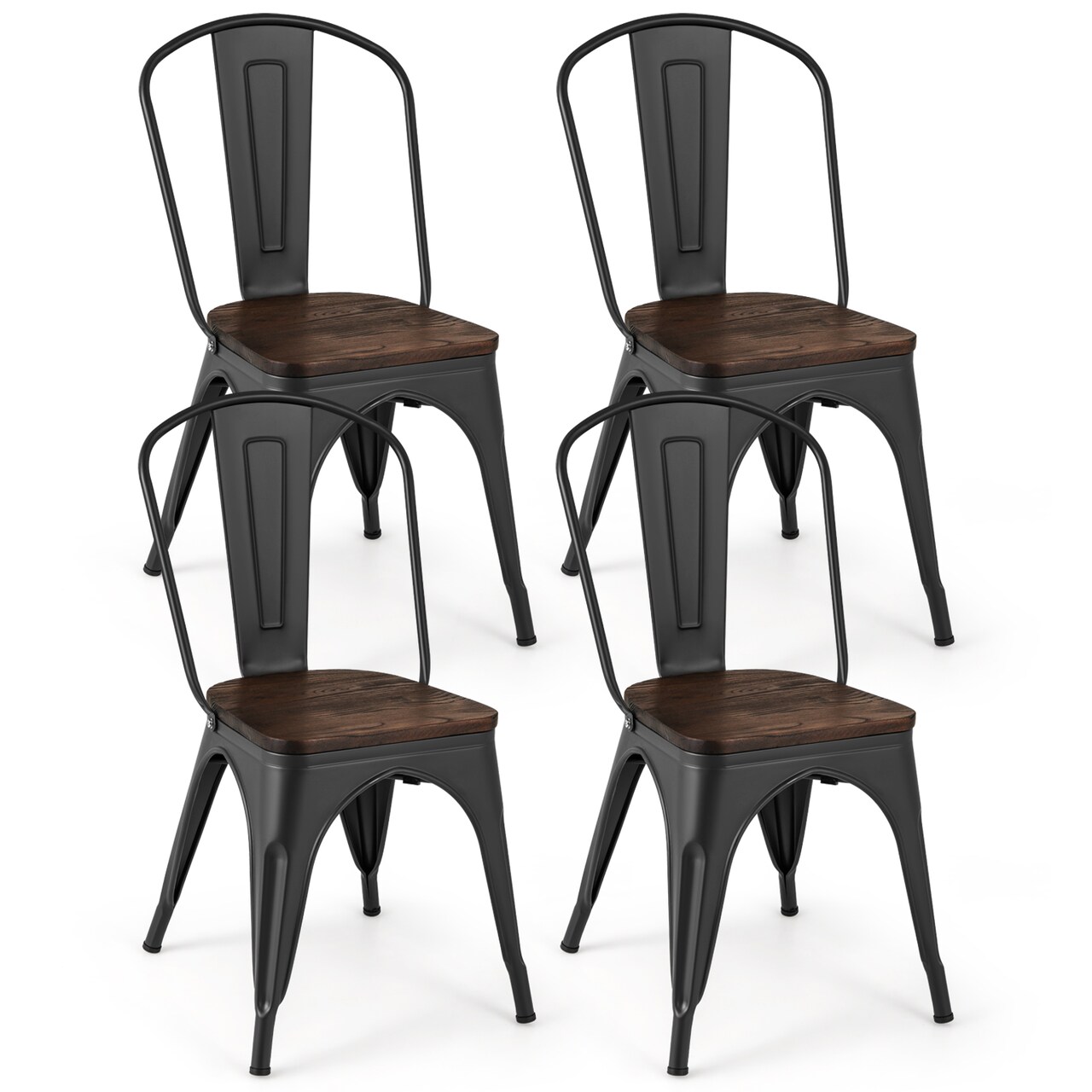 Metal Style Dining Chairs Set of 4, Stackable Kitchen Chairs with Wood Seat
